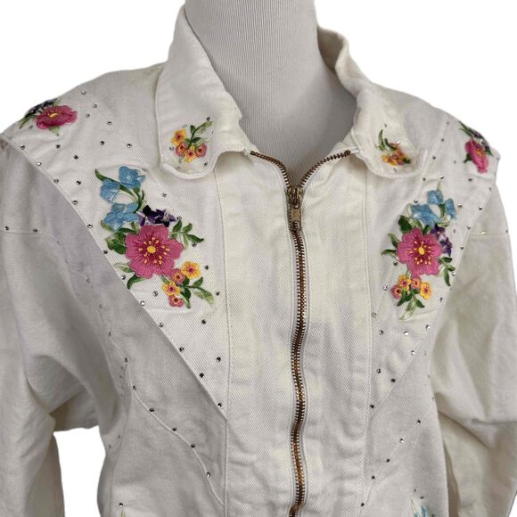 PADO Vintage Embroidered Floral 80s Sportswear Jean Jacket Size Small - Picture 2 of 9